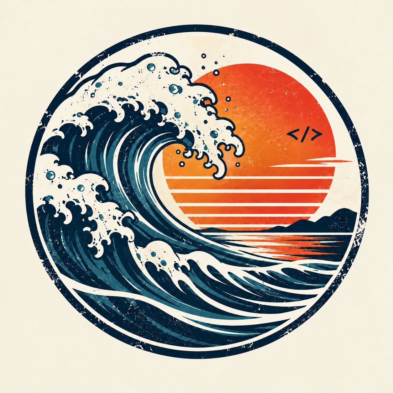 Logo do Studio Maresias com onda azul, sol laranja e símbolo de código